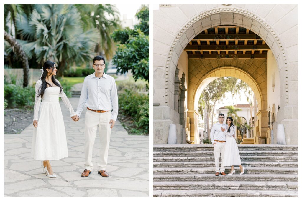 Elegant couple walking the palm-lined entrance of the Ritz-Carlton Bacara during their Santa Barbara engagement session