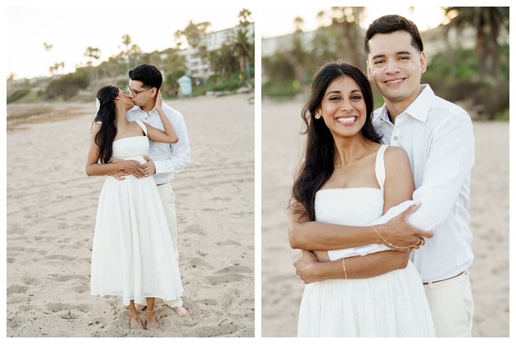 Couple barefoot on the sand at Leadbetter Beach during sunset, wrapped in a romantic embrace