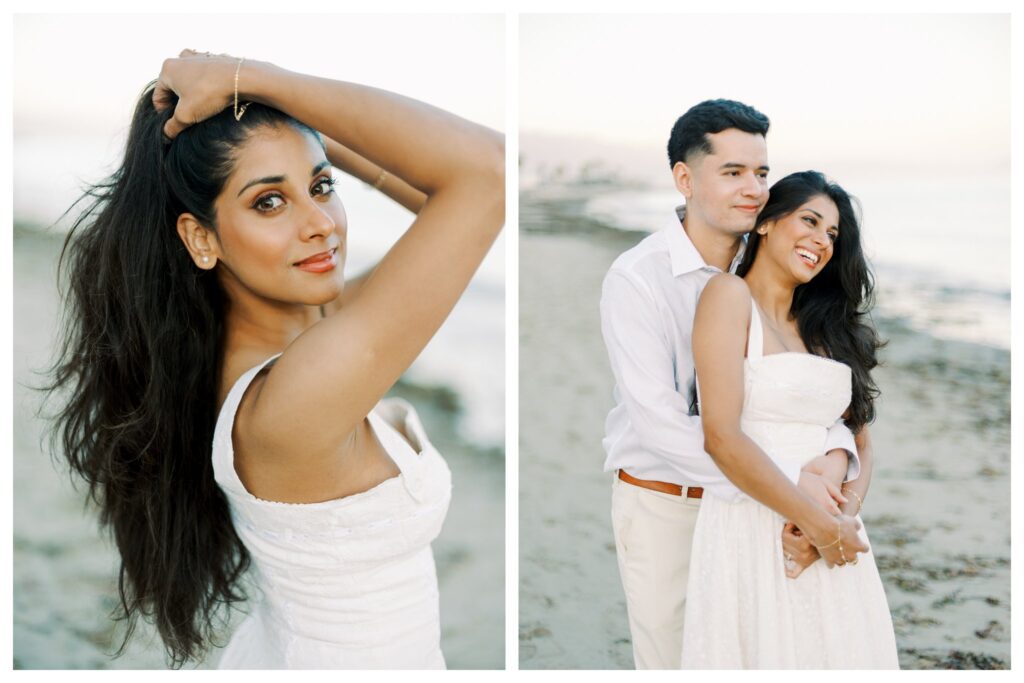 Bride-to-be in classic white eyelet dress smiling over shoulder at Leadbetter Beach during sunset