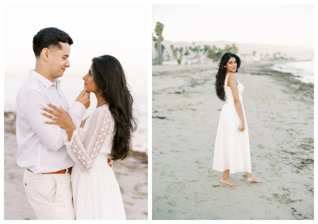 Couple barefoot on the sand at Leadbetter Beach during sunset, caught in a romantic gaze