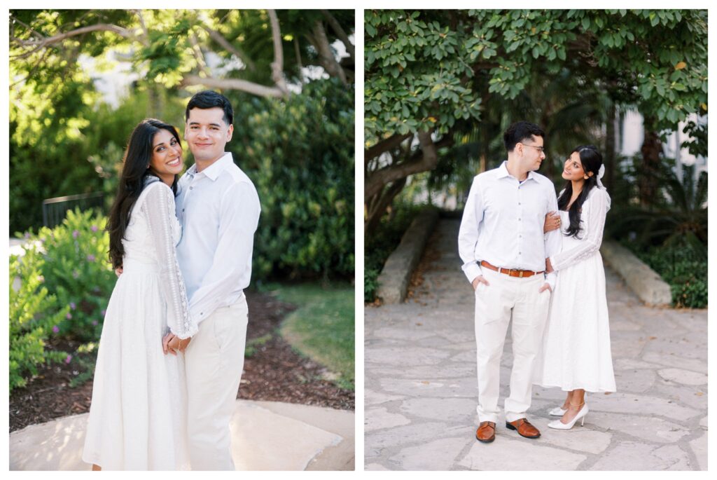 Elegant couple at the palm-lined entrance of the Ritz-Carlton Bacara during their Santa Barbara engagement session